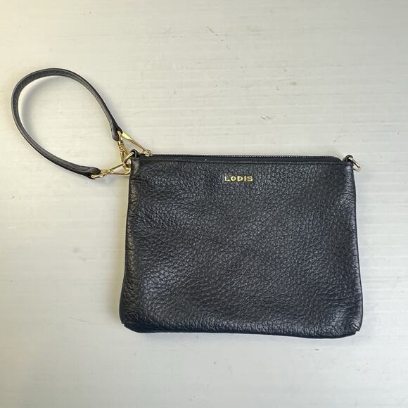 Lodis Leather Crossbody Clutch Wristlet Black Gold Convertible Purse Handbag - Picture 2 of 9